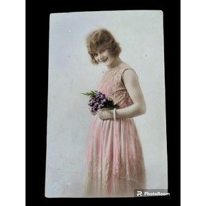 Pretty in Pink Vintage Postcard Lady with Flowers  Dutch 1924 Postmark Rotterdam